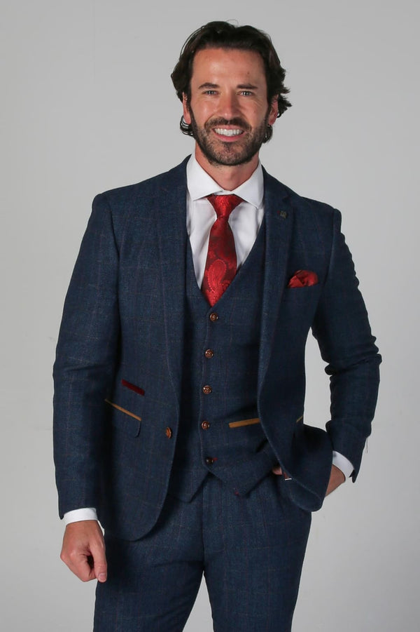 Scott Navy Tweed Check Three Piece Suit - Men’s Suits