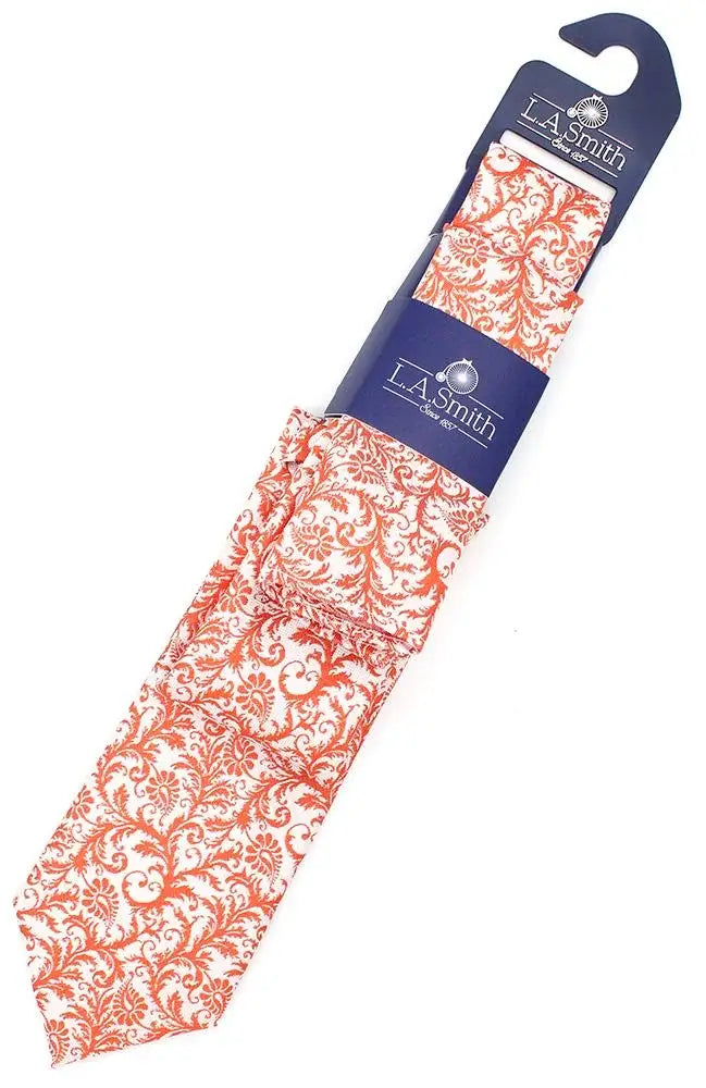 L A Smith Burnt Orange Wedding Floral Paisley Tie And Hank Set - Accessories