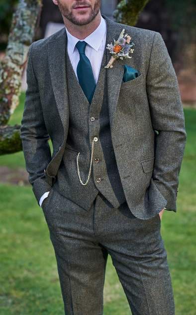 Torre Albert Green Pure Wool Tweed 3 - Piece Suit - Suits