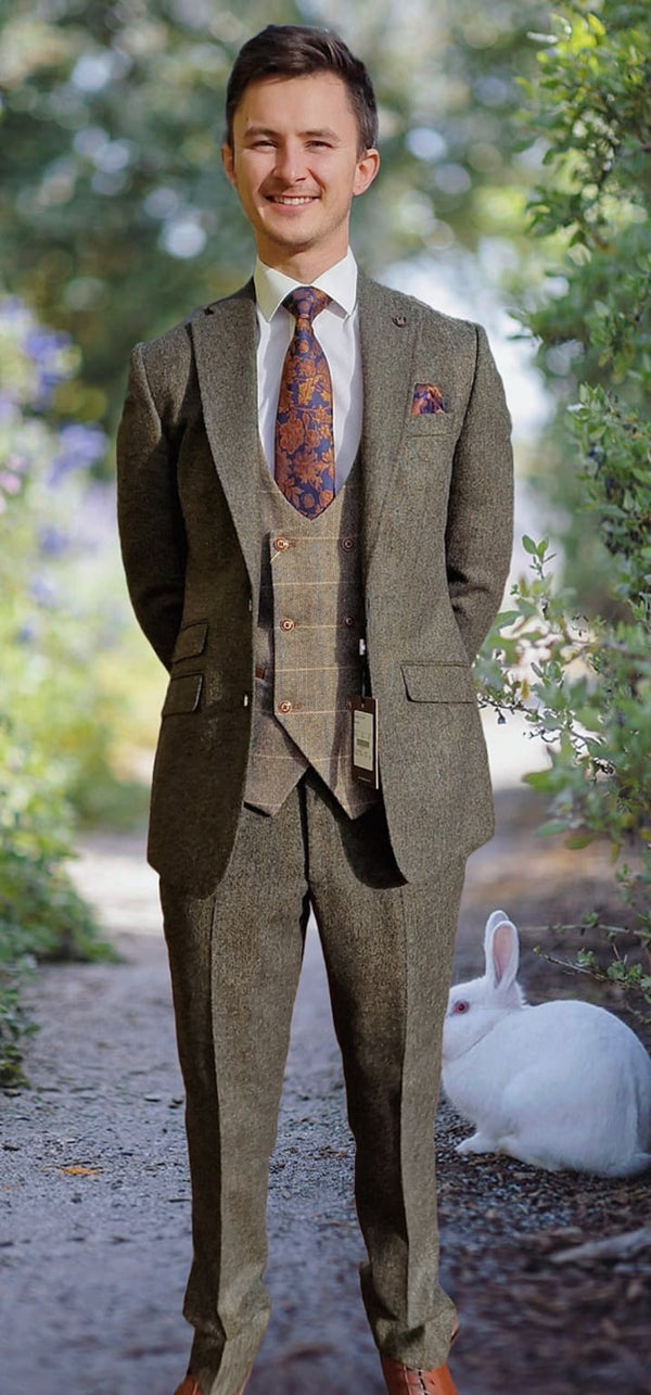 Torre Albert Green Tweed Suit with Marc Darcy Ted Tan Double Breasted Waistcoat - Suits