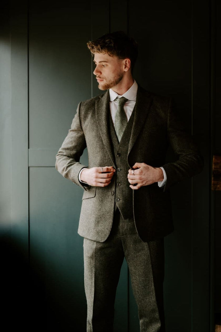 Torre Albert Green Pure Wool Tweed 3 - Piece Suit - Suits