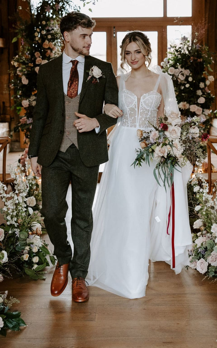 Torre Albert Green Tweed Suit with Marc Darcy Ted Tan Double Breasted Waistcoat - Suits