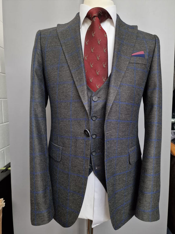 Wessi Grey Blue Check 3 Piece Suit 38R With 32R Trousers - Suit & Tailoring