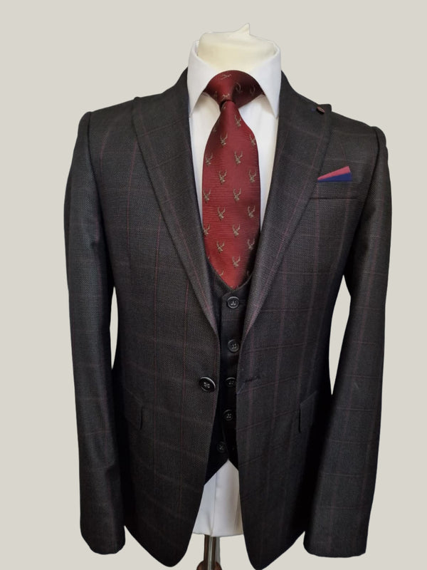 Wessi Grey Wine Check 3 Piece Suit 40R With 34R Trousers - Suit & Tailoring