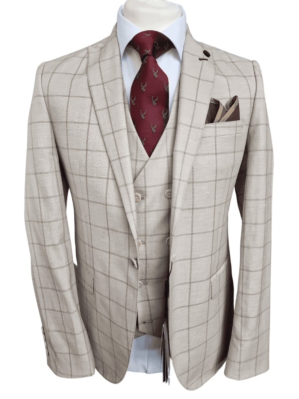Men’s Wessi Beige 3-Piece Check Suit Size 40R with 34R Trousers - Suits