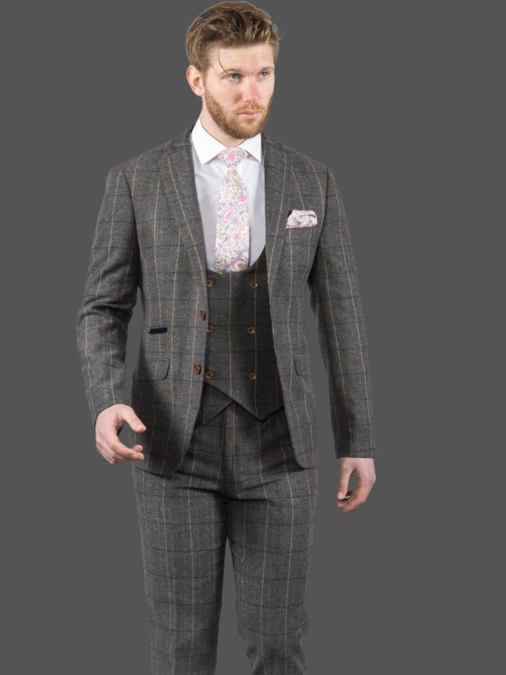 Ezra Men’s Grey Herringbone Slim Fit 3 Piece Tweed Suit - Suit & Tailoring