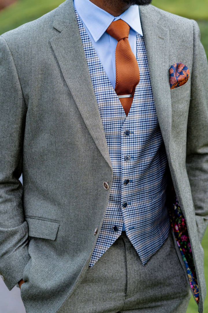 Skopes Jude Sage Green Herringbone Tweed 3 Piece Suit - Suits