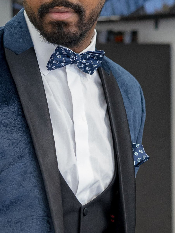 LA Smith Blue Silk Paisley Bow Tie And Hank Set - Accessories
