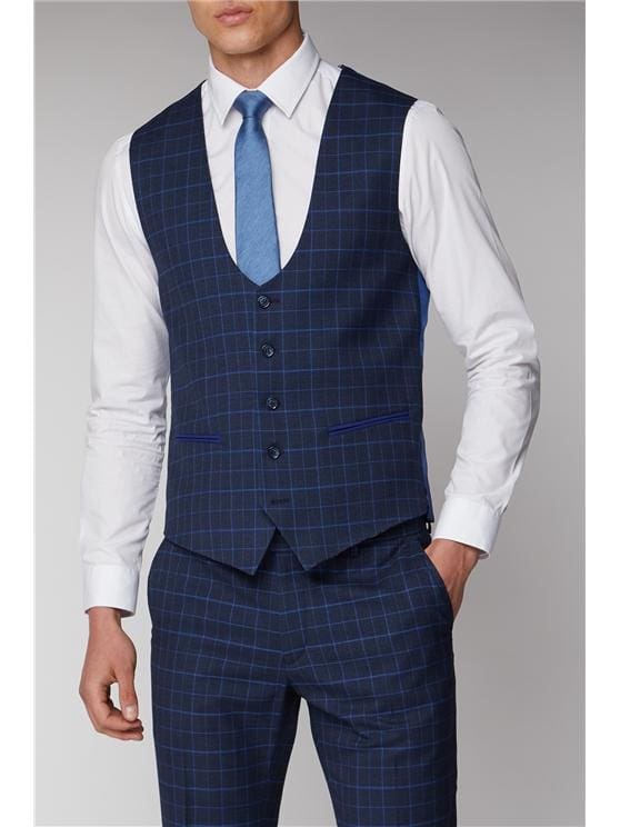Antique Rogue Navy And Bright Blue Check Waistcoat - 34S - Suit & Tailoring
