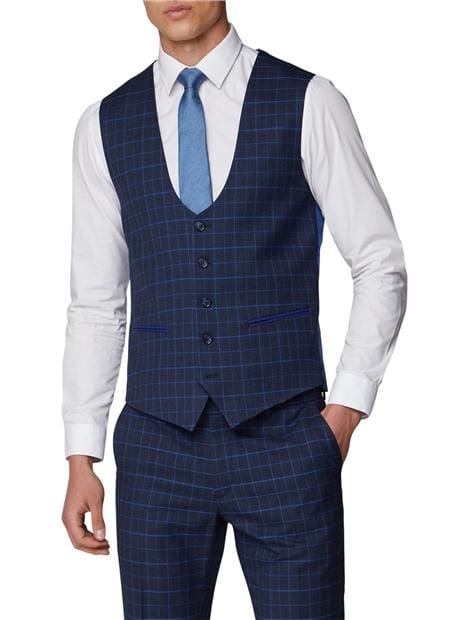 Antique Rogue Navy And Bright Blue Check Waistcoat - Suit & Tailoring