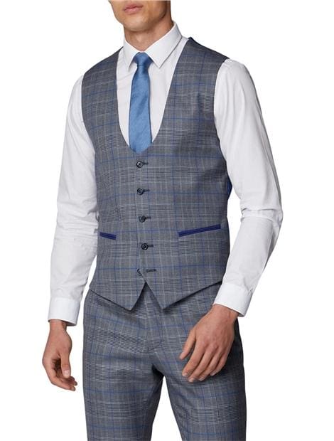 Antique Rogue Samuel Grey And Blue Check Waistcoat - Suit & Tailoring