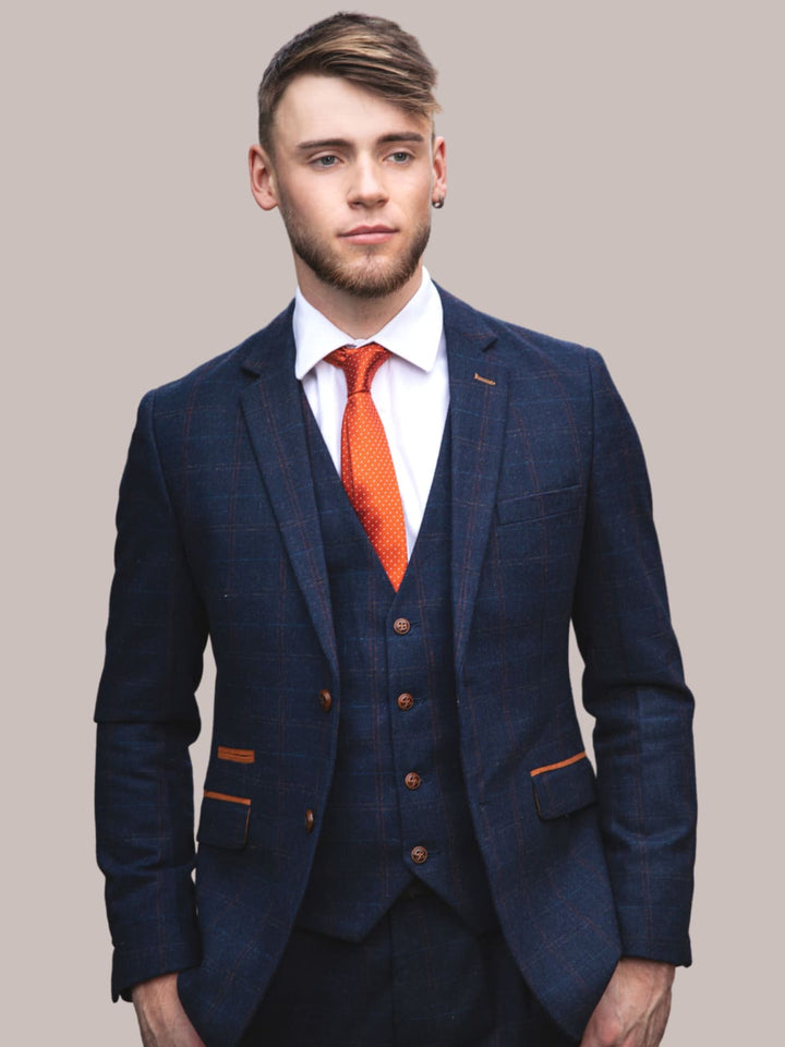 Barucci Bruno Men’s Navy Slim Fit Tweed 3 Piece Suit - Suits
