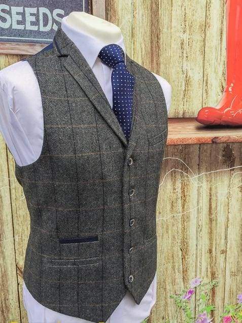 Cavani Albert Grey Mens Tweed Check Lapel Waistcoat - 36 / Short - Suit & Tailoring