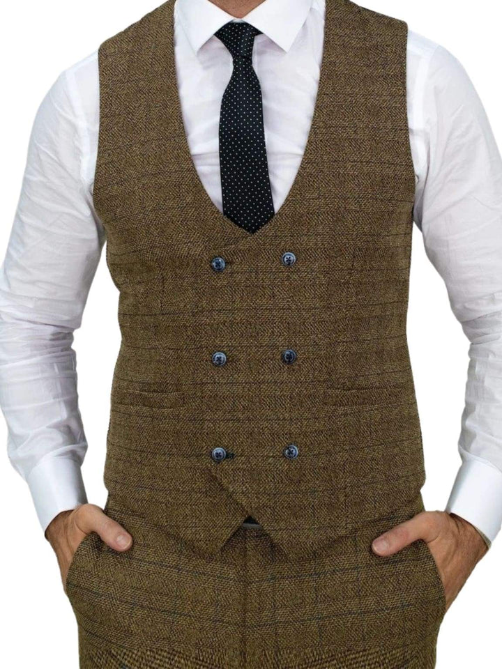 Cavani Ascari Brown Men’s Tweed Check Waistcoat - 36 / Regular - Suit & Tailoring