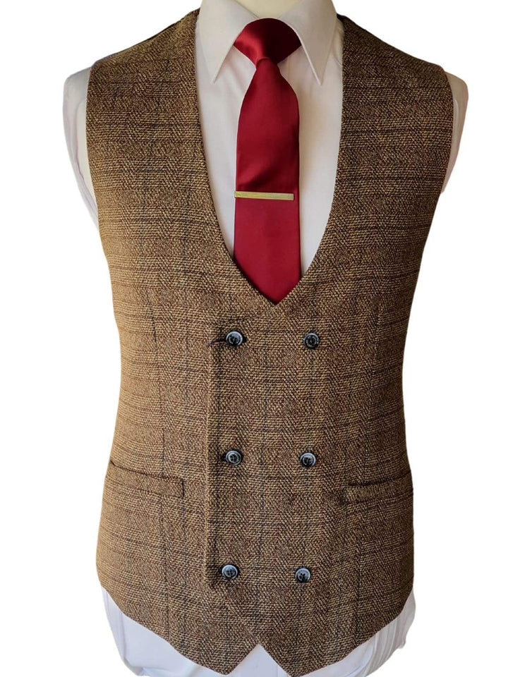 Cavani Ascari Brown Men’s Tweed Check Waistcoat - Suit & Tailoring