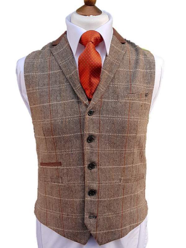 Cavani Baron Tan Tweed Check Style Waistcoat - 36 - Suit & Tailoring