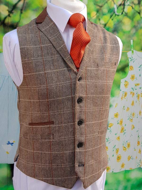 Cavani Baron Tan Tweed Check Style Waistcoat - Suit & Tailoring