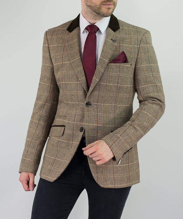 Cavani Baron Tweed Tan Mens Slim Fit Jacket - 36 - Suit & Tailoring