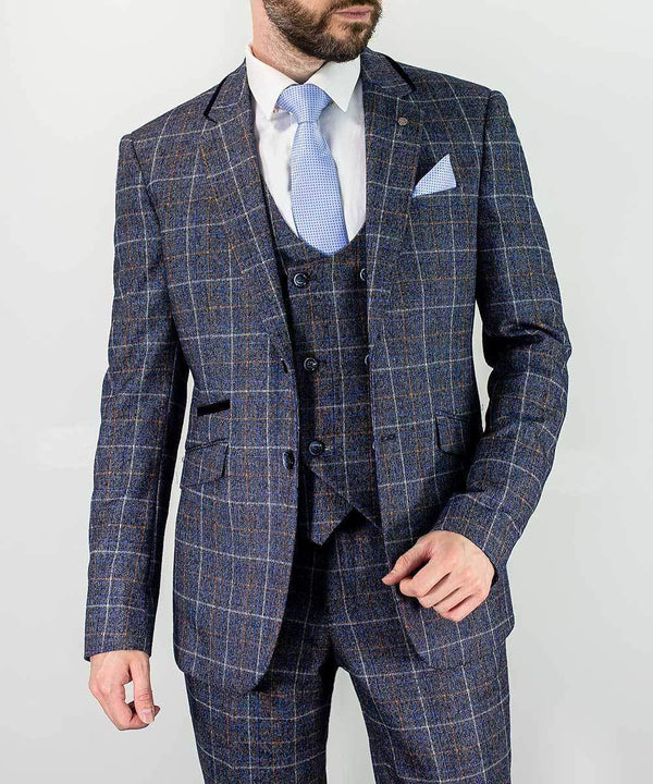 Cavani Bonita 3 Piece Blue Slim Fit Tweed Suit - 36R / 30R - Suit & Tailoring