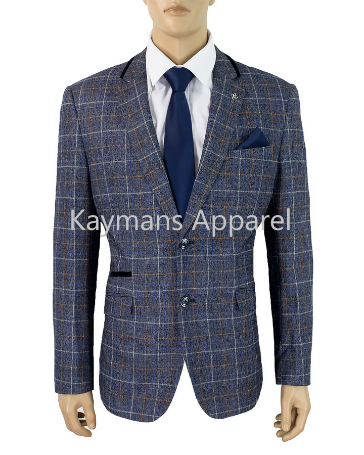 Cavani  Cavani Bonita Blue Slim Fit Tweed Style Blazer - MENSWEARR