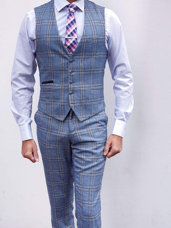 Cavani Brendan Blue Sim Fit check Waistcoat - 34R - Suit & Tailoring