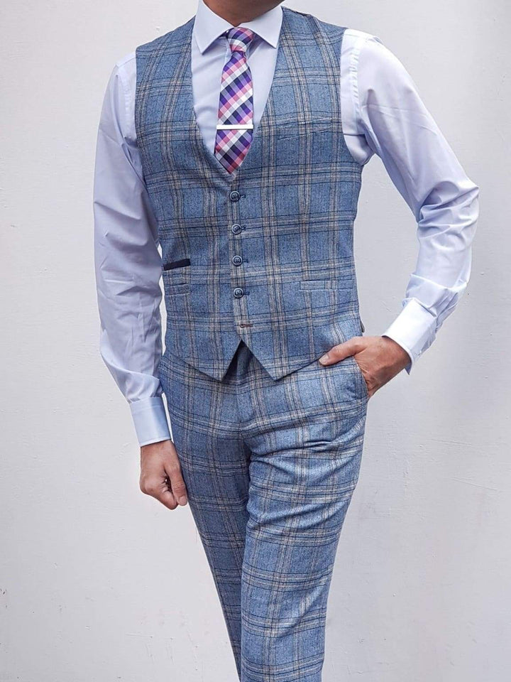 Cavani Brendan Blue Sim Fit check Waistcoat - Suit & Tailoring