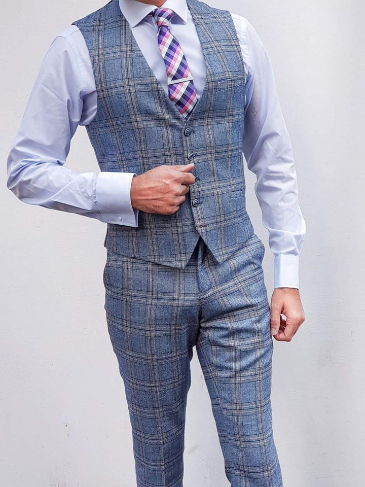 Cavani Brendan Blue Sim Fit check Waistcoat - Suit & Tailoring