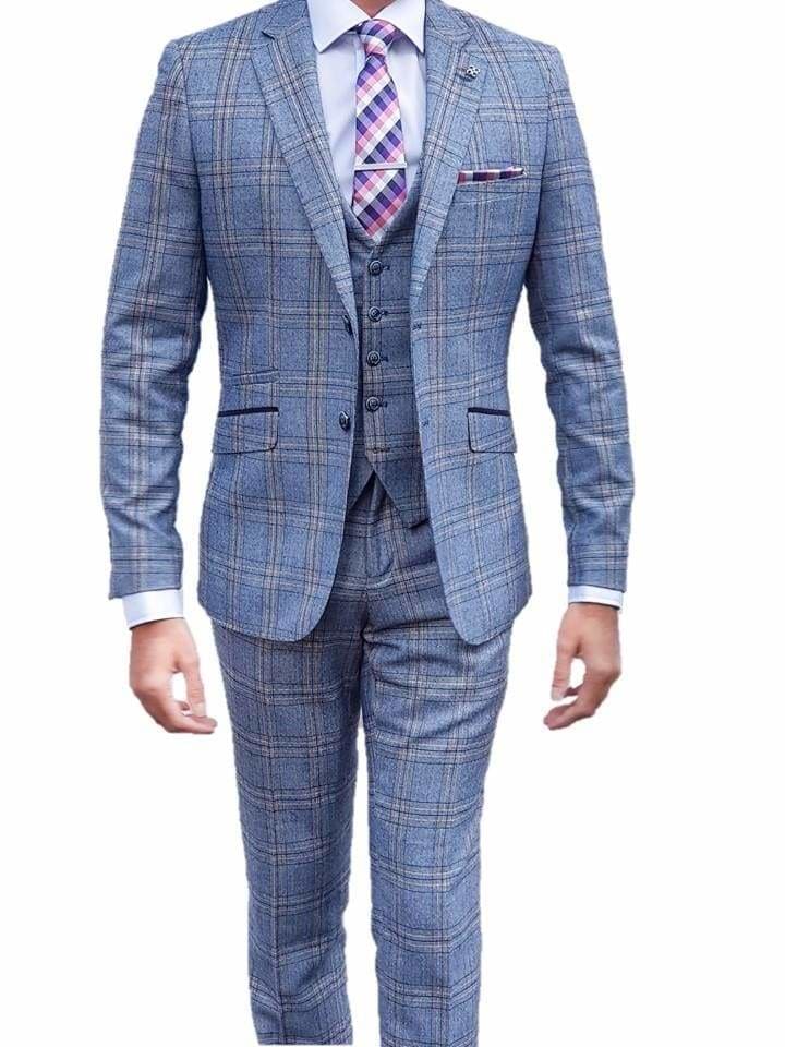 Brendan Men’s 3 Piece Blue Slim Fit Check Suit - Suits