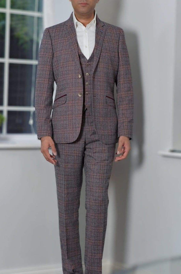Cavani Brendan Men’s 3 Piece Wine Slim Fit check Suit - Suit & Tailoring