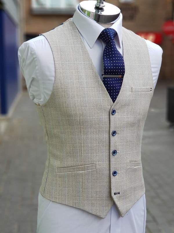 Cavani Caridi Mens Cream Slim Fit Textured Check Waistcoat - 36R - Suit & Tailoring