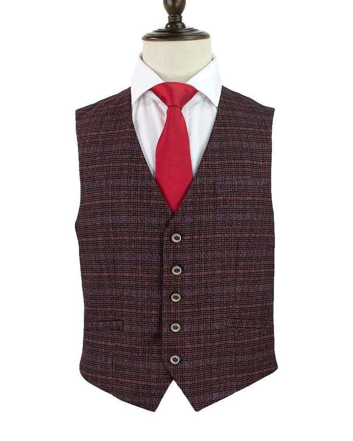 Cavani Carly Wine Tweed Check Style Waistcoat - 36 - Suit & Tailoring