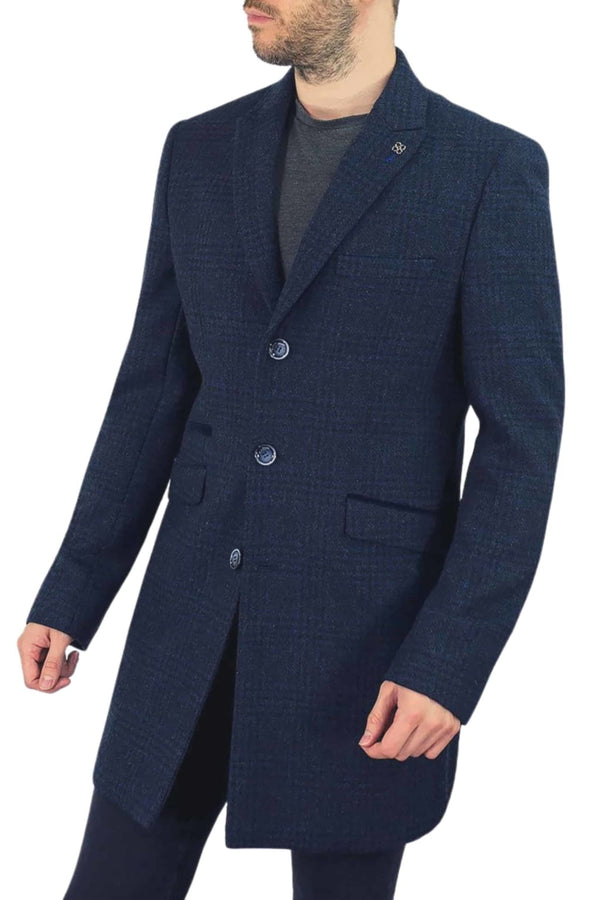 Cavani Danilo Men’s Navy Check Wool Blend Overcoat - 36R - Coats