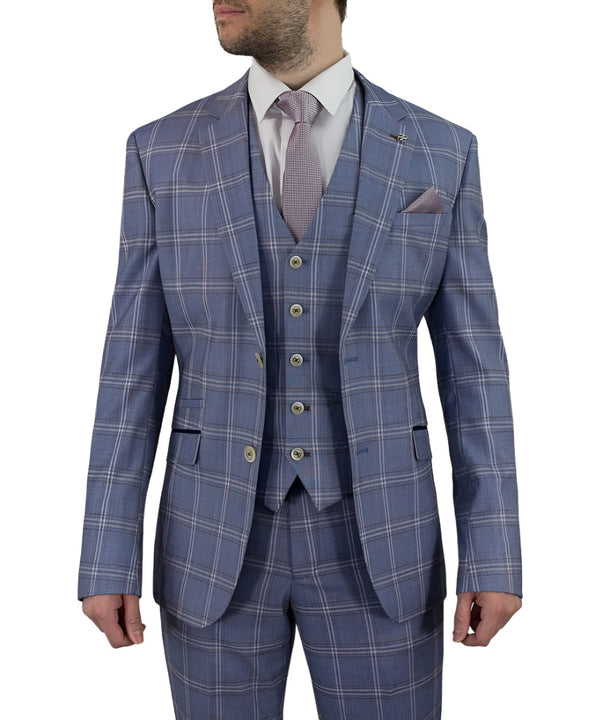 Cavani Galante Mens Blue Check Slim Fit Suit - Suit & Tailoring