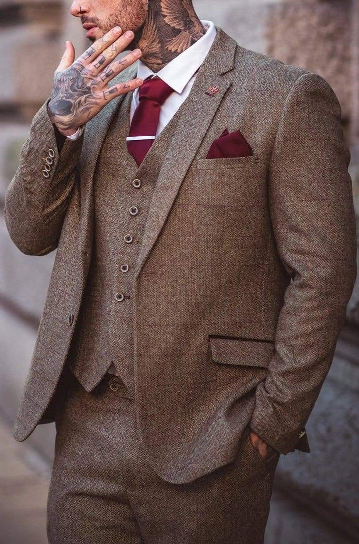 Cavani Gaston Sage 3 Piece Check Slim Fit Tweed Suit - Suit & Tailoring