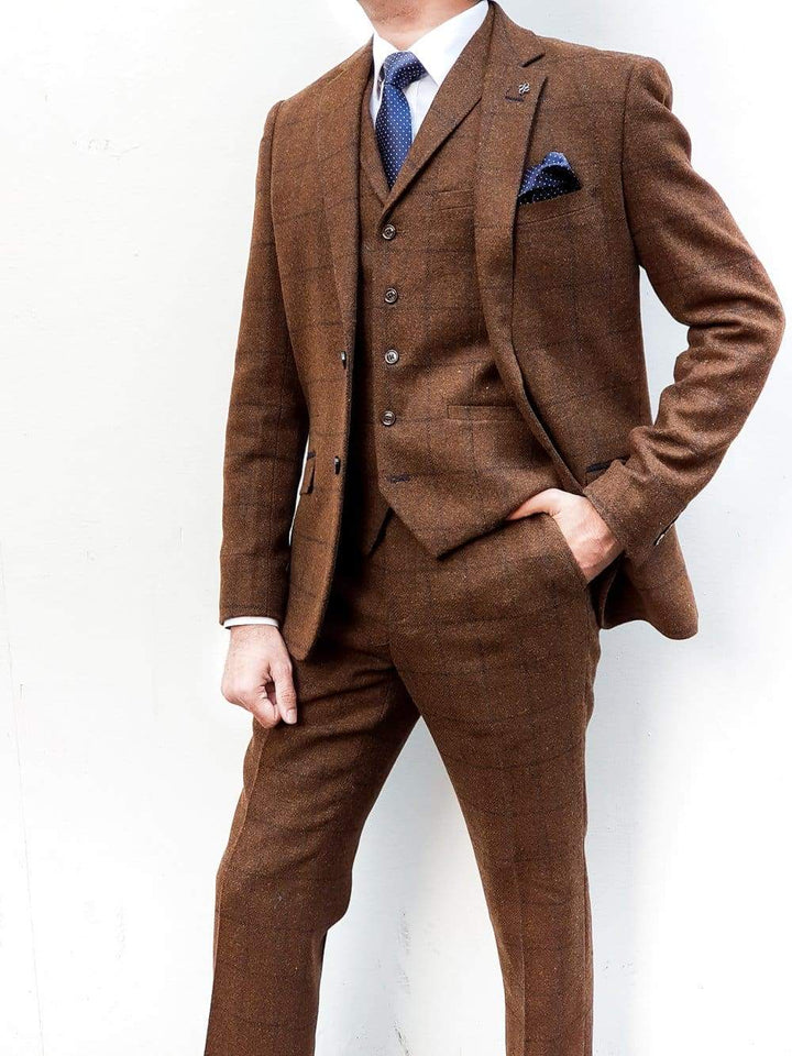 Cavani Kemson Brown Mens 3 Piece Slim Fit Tweed Suit - Suit & Tailoring