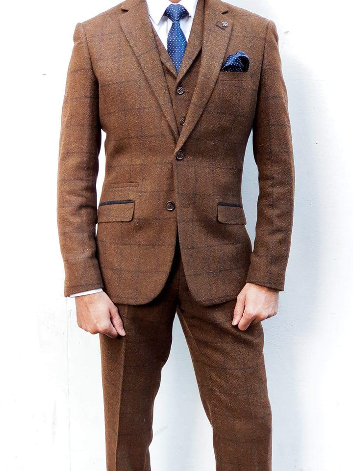 Cavani Kemson Brown Mens 3 Piece Slim Fit Tweed Suit - Suit & Tailoring