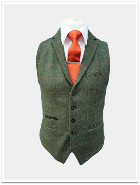 Cavani Kemson Olive Mens Slim Fit Tweed Waistcoat - 36 - Suit & Tailoring