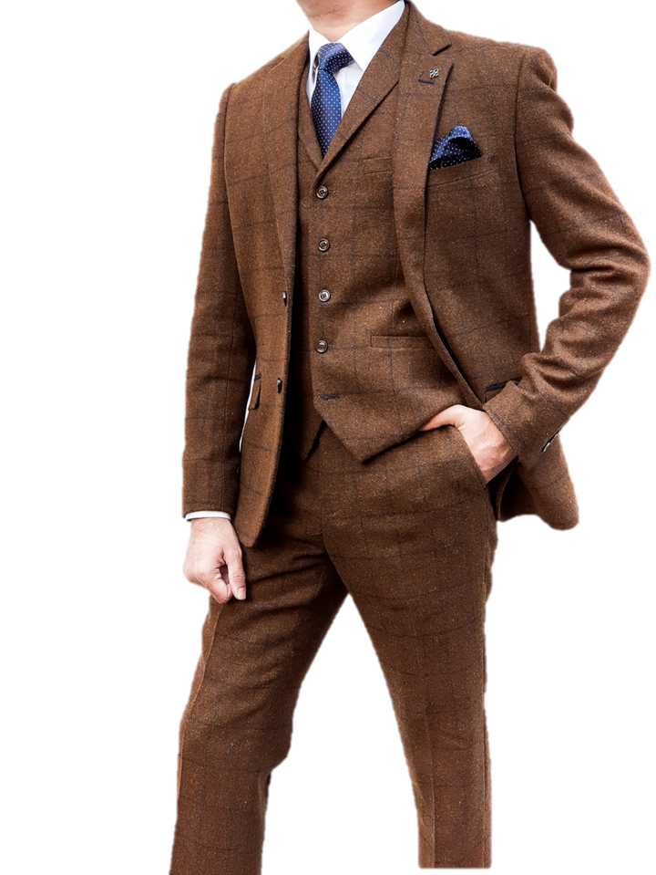 Cavani Kemson Tweed Brown Mens Slim Fit Waistcoat - Suit & Tailoring