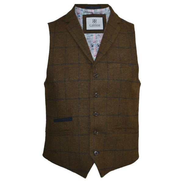 Cavani Kemson Tweed Brown Mens Slim Fit Waistcoat - 36 - Suit & Tailoring