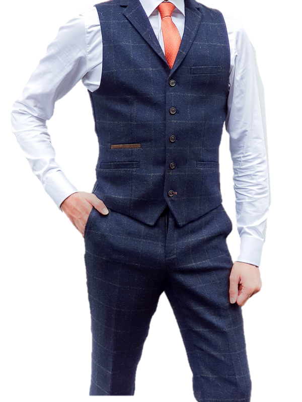Cavani Kemson Tweed Navy Mens Slim Fit Waistcoat - 36 - Suit & Tailoring