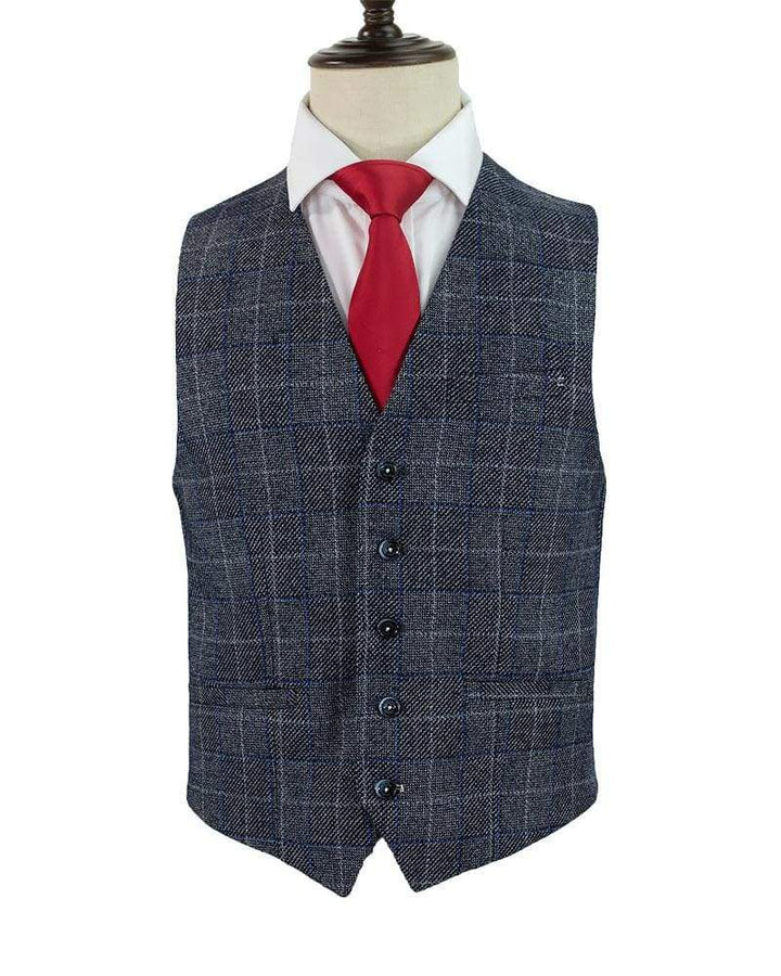 Cavani Miles Blue Check Tweed Waistcoat - 36 - Suit & Tailoring
