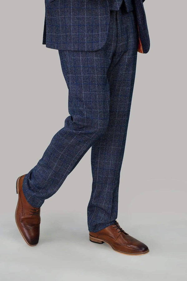 Cavani Miles Navy Blue Tweed Check Trousers - Suit & Tailoring