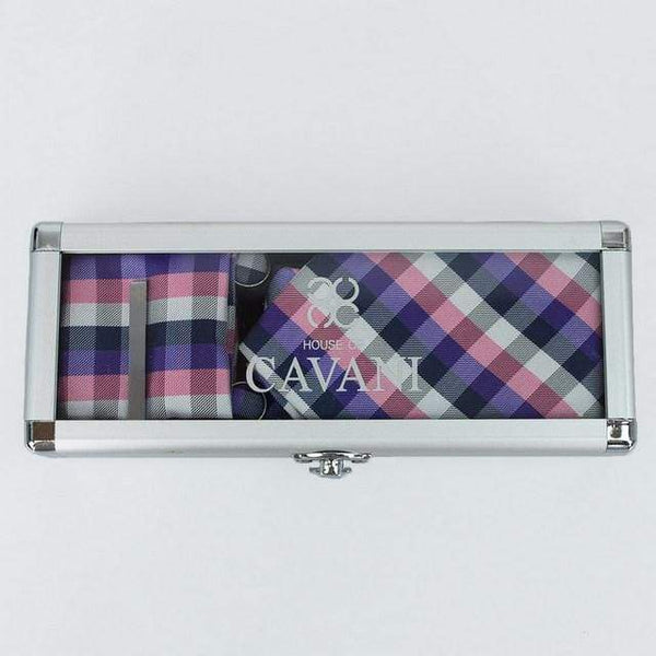 Purple Check Tie Hank Tie Pin Cufflinks Set - Accessories