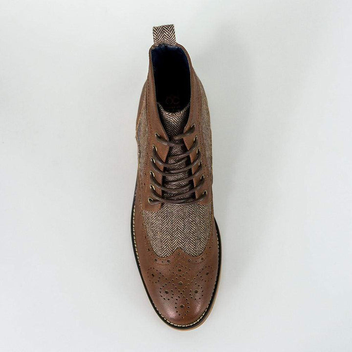 Cavani Sherlock Brown Mens Tweed Brogue Boots - Shoes
