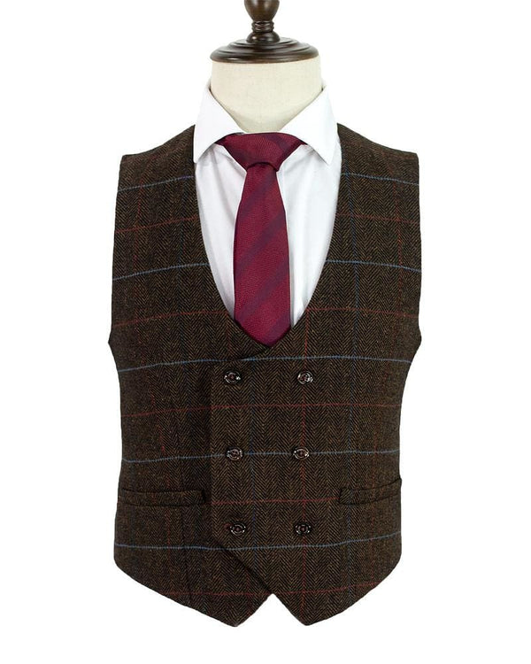 Cavani Tommy Brown Check Tweed Waistcoat - 36 - Suit & Tailoring