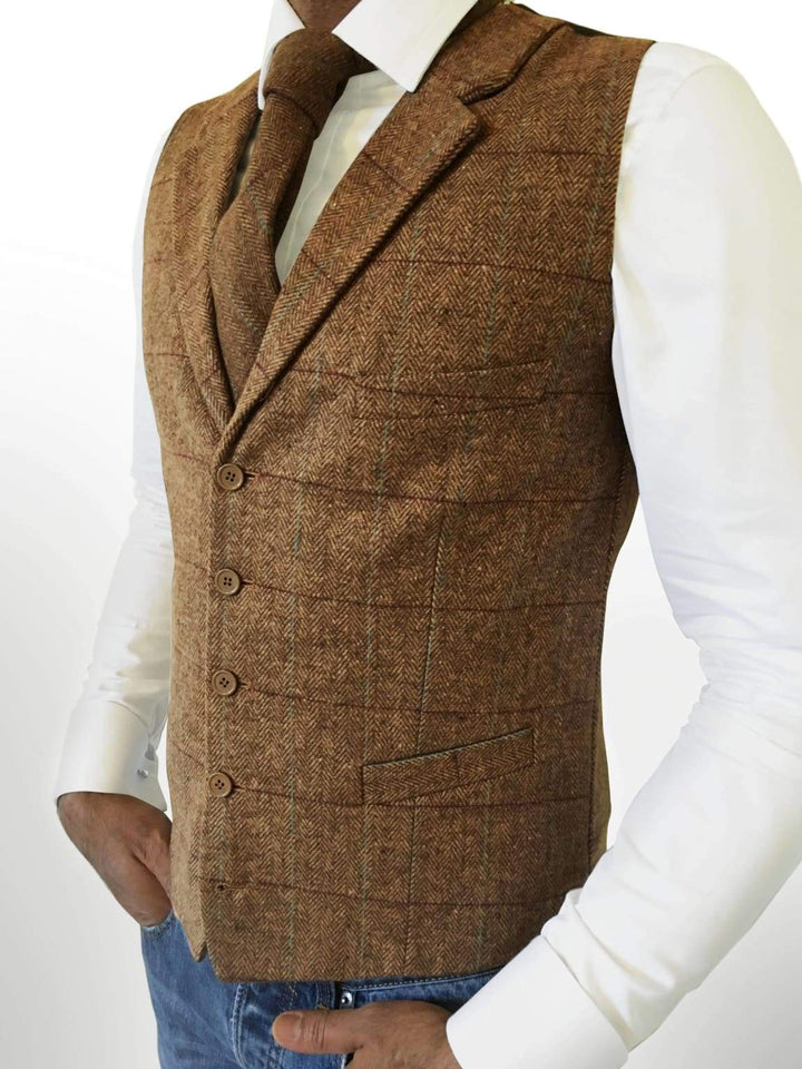 Wool Blend Tailored Fit Brown Tweed Waistcoat by L A Smith - Waistcoats