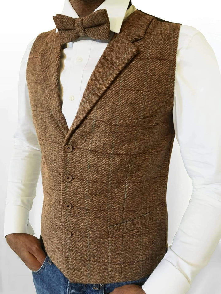 Wool Blend Tailored Fit Brown Tweed Waistcoat by L A Smith - Waistcoats