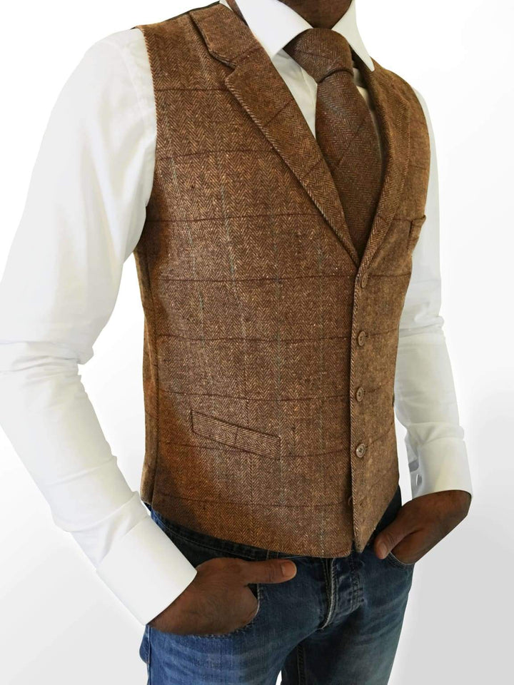 Wool Blend Tailored Fit Brown Tweed Waistcoat by L A Smith - 34 - Waistcoats