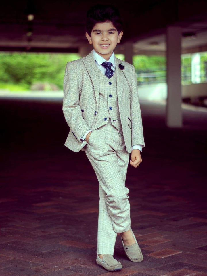 Cavani Caridi Boys Cream Three Piece Slim Fit Check Wedding Suit - Suit & Tailoring