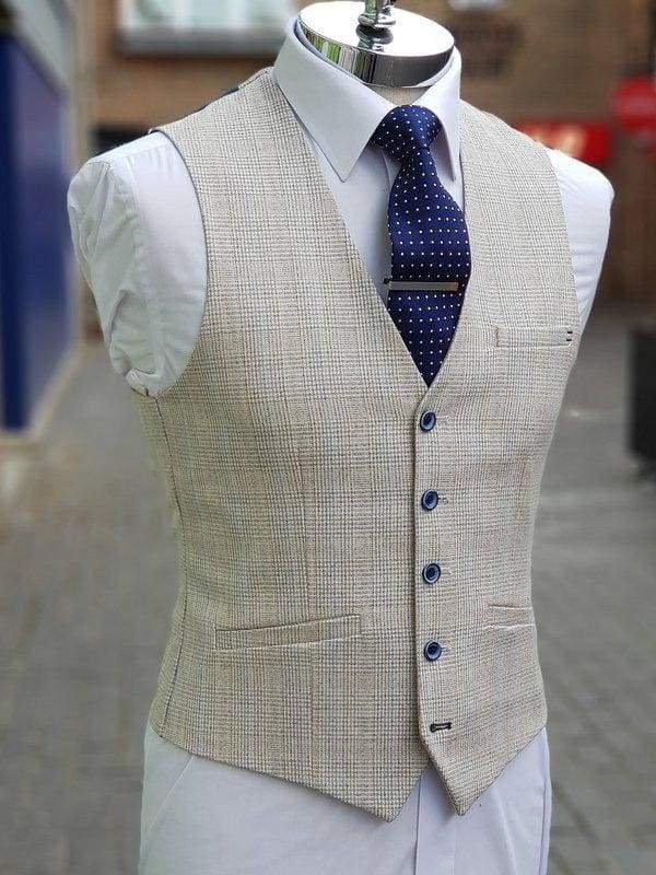 Cavani Caridi Mens Cream Slim Fit Textured Check Waistcoat - Suit & Tailoring